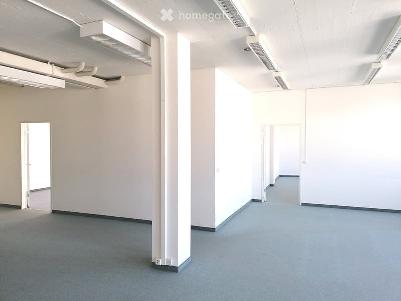 large empty room, gray flooring, white walls, ceiling lamps, doors, no furniture