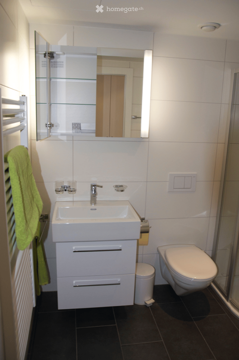 Bathroom. Modern bathroom with white tiles, a white sink with a chrome faucet, a large mirror with built-in shelves, a toilet, and a green towel hanging on a rack.