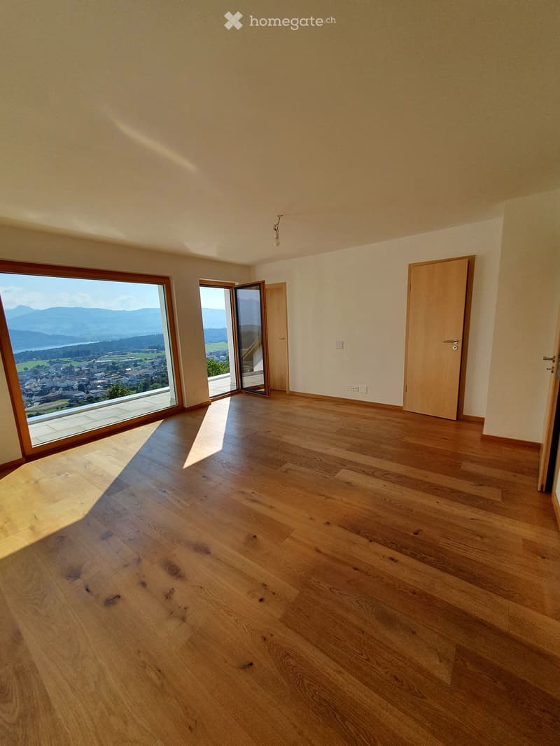large room, wooden floor, large windows, balcony, view of mountains and town