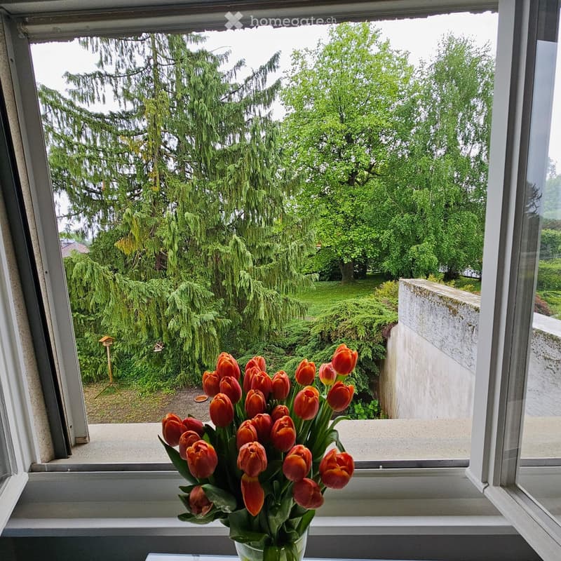 A window view shows a garden with lush green trees and a cluster of red tulips in a vase on the windowsill.
