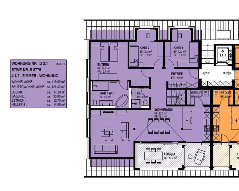 Floor plan of a 4.5-room apartment with living room, dining area, kitchen, two bedrooms, bathroom, and loggia.