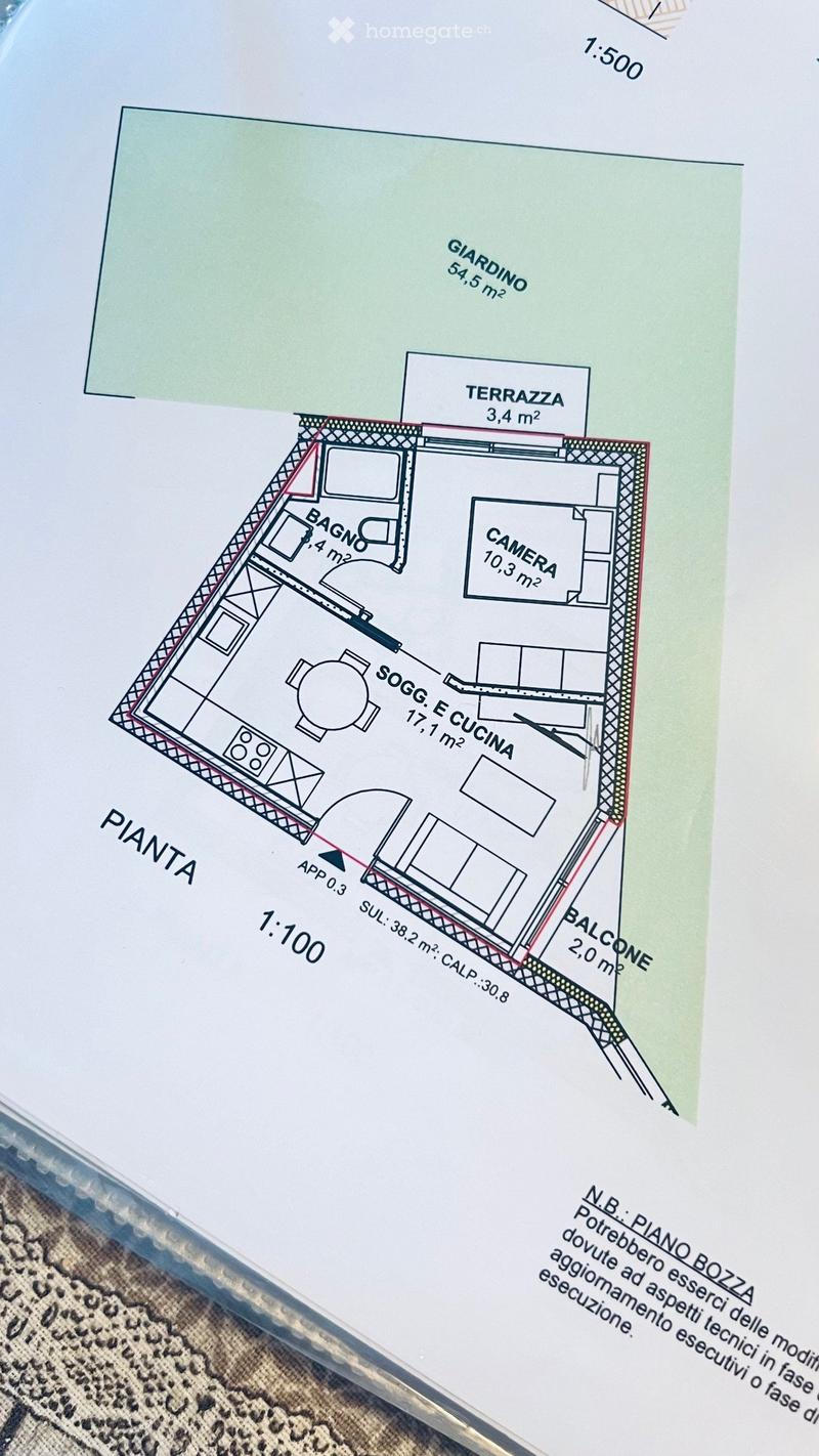 Floor plan showing a kitchen, living room, bedroom, bathroom, balcony, and terrace with labeled dimensions.