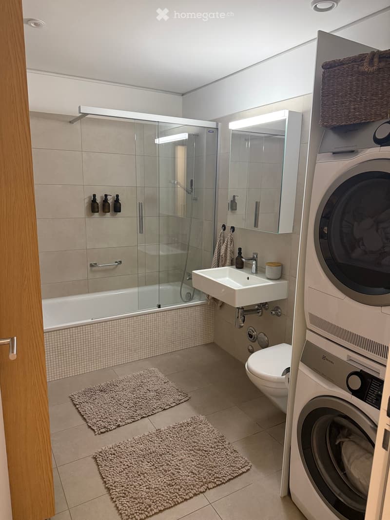 Modern bathroom with a bathtub, shower, sink, toilet, and washing machine. Features include a built-in mirror, tiled walls, and two beige bath mats on the floor.