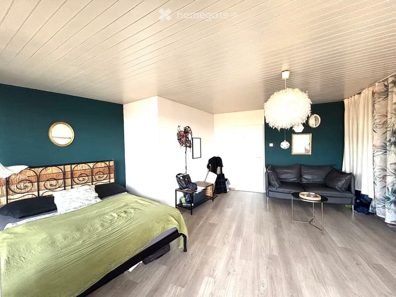 A modern, open-concept bedroom and living space with a large bed, sofa, coffee table, nightstand, and decorative mirrors.