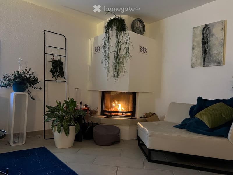 Modern living room with a white fireplace, a grey sofa with blue and green cushions, a round ottoman, a potted plant, and a decorative art piece on the wall.
