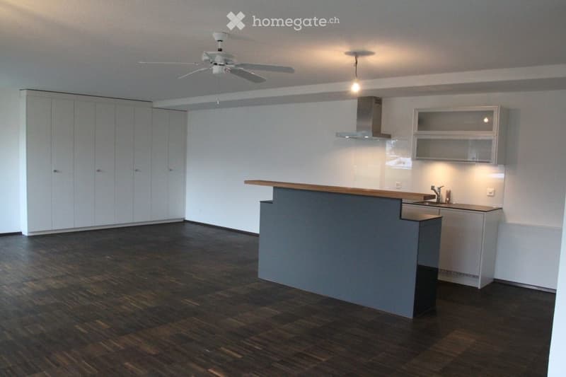 Empty kitchen with white cabinets, a wooden countertop, and a dark wooden floor. No appliances or furniture are present.