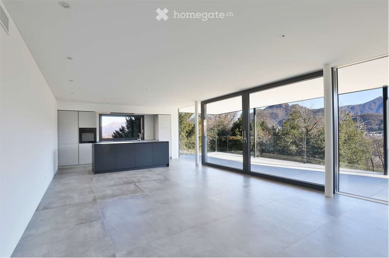 Open-plan space with a modern kitchen area featuring a dark kitchen island, oven, and sink, connected to a large living area with expansive glass windows offering a scenic mountain view.