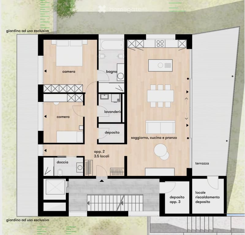 Floor plan showing a two-story house with two bedrooms, a bathroom, a living room, kitchen, dining area, laundry room, storage, and a terrace.