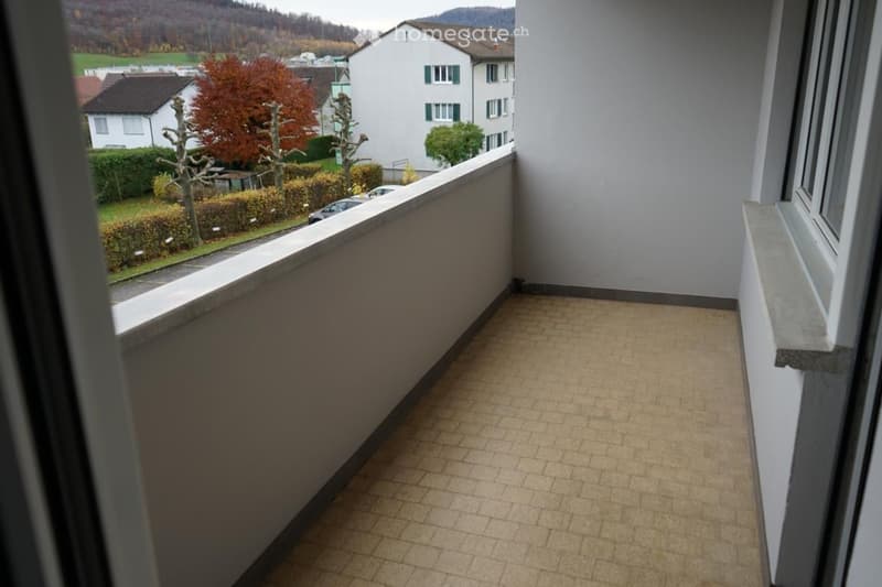 Balcony with tiled floor, grey walls, and a view of a residential area with houses, trees, and parked cars.
