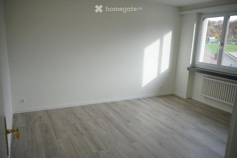Empty room with light-colored walls and wooden flooring, featuring a window with a view of the outdoors and a radiator below it.