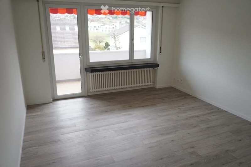 Empty room with light wooden flooring, large windows with a view, and a radiator beneath the windows.