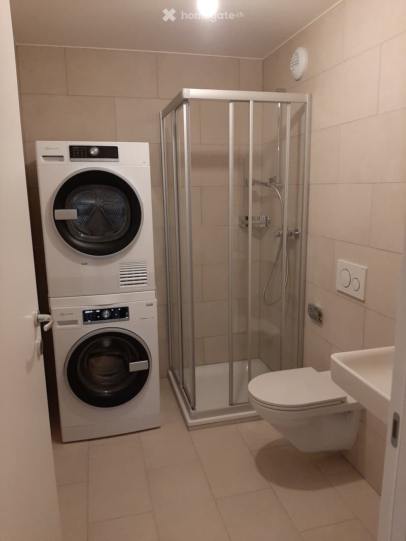 Modern bathroom with a toilet, sink, shower, and stacked washing machine/dryer unit.
