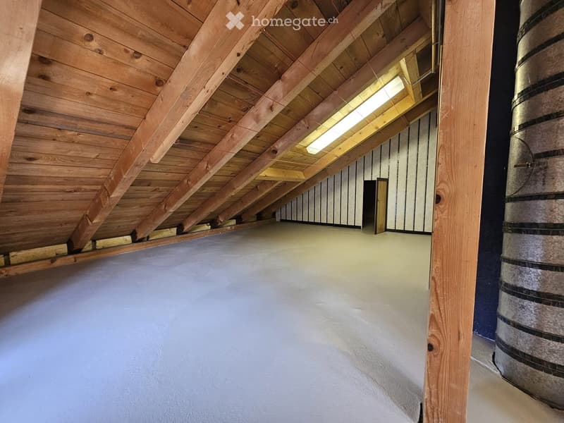 An empty attic space with wooden beams and exposed wooden ceiling, featuring a small doorway leading to another area.