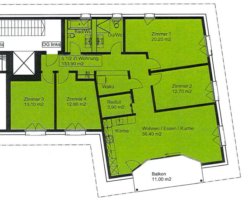 Floor plan of a 5 1/2 room apartment with133.90 m² total area, including living/dining/kitchen area, 4 bedrooms, 2 bathrooms, and a balcony.