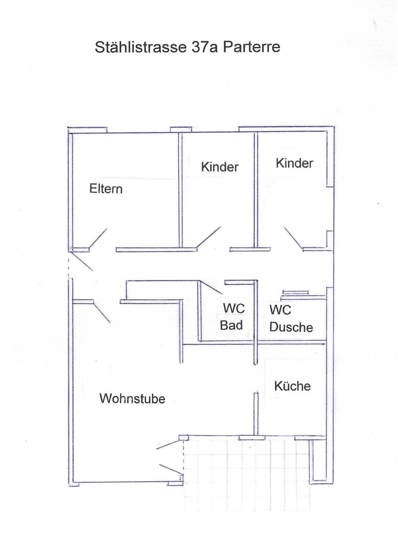 Floor plan of a residential apartment with labeled rooms: Eltern (parents), Kinder (children), Wohnstube (living room), Küche (kitchen), WC Bad (bathroom), WC Dusche (shower room).