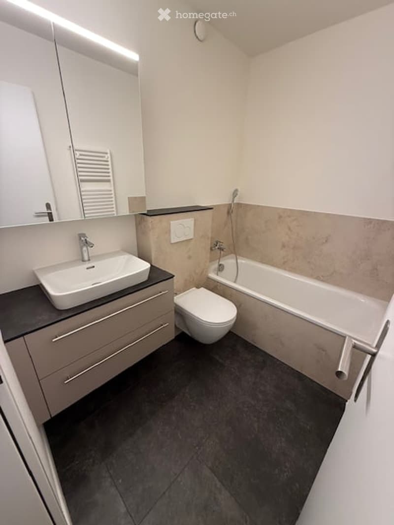 Modern bathroom with a white sink, mirror, toilet, and bathtub. Features dark tiled flooring and a sleek cabinet with drawers.
