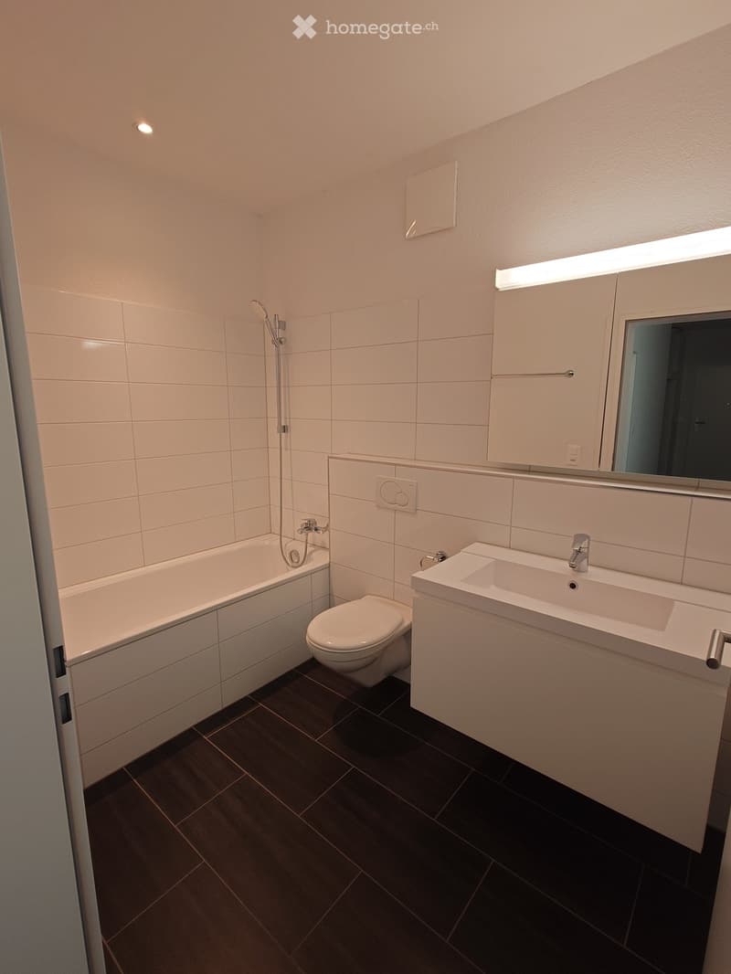 Modern bathroom with white tiles, dark tiled floor, bathtub, toilet, sink, mirror, and showerhead.