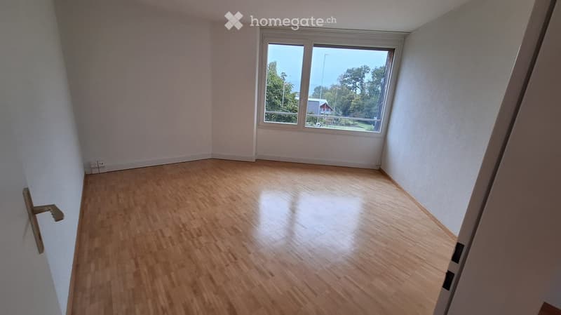 Empty room with wooden flooring and large windows, showing natural light and a view of trees and a building outside.
