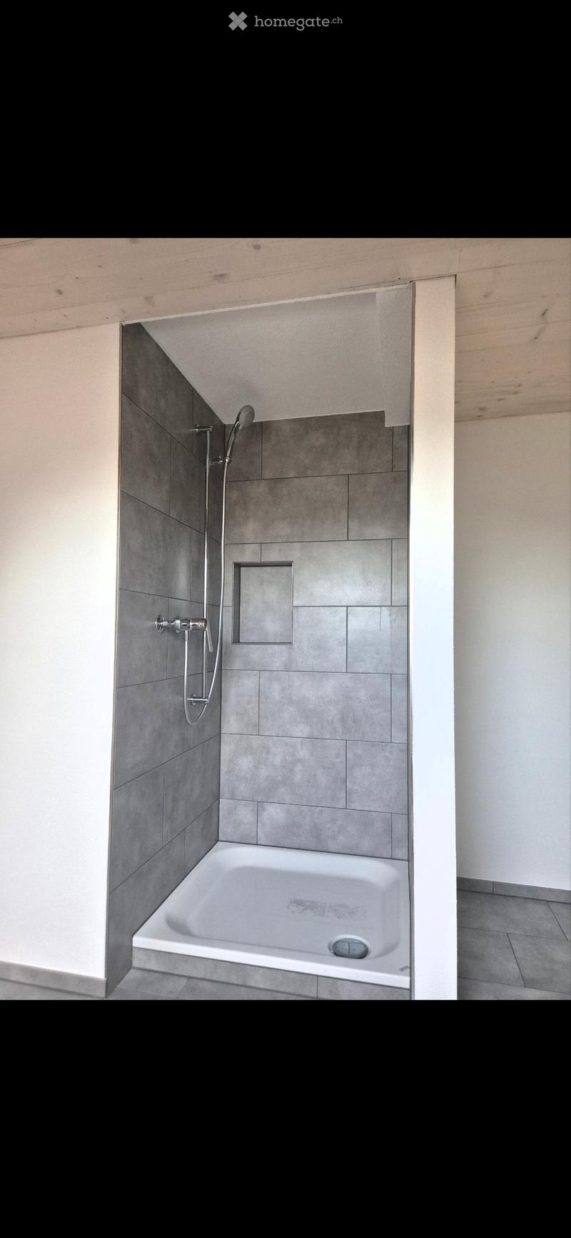 Modern bathroom with a corner bathtub, grey tiled walls, and a showerhead with handheld sprayer.