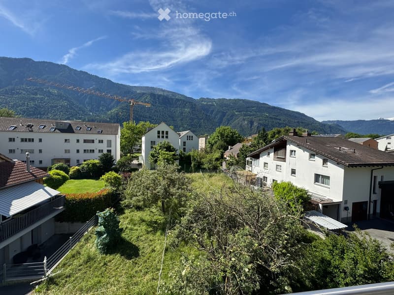 Residential area with multiple houses, green lawns, trees, and a mountainous backdrop under a clear blue sky.
