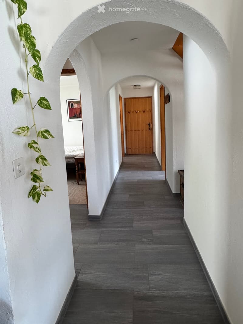 A long, arched hallway with white walls, wooden doors, and a plant on the left side.