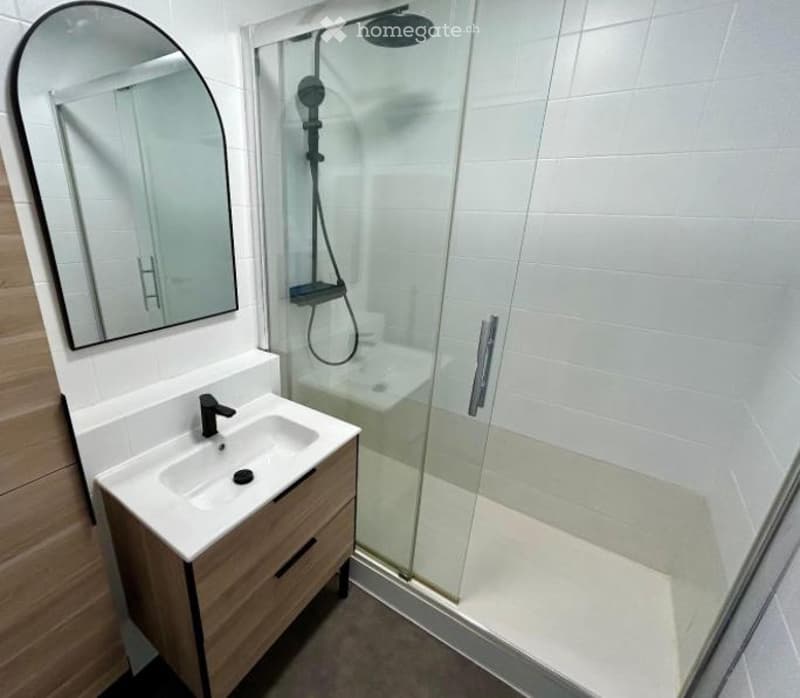 Modern bathroom with a white tiled shower stall, a wooden vanity with a sink, and a large oval mirror.
