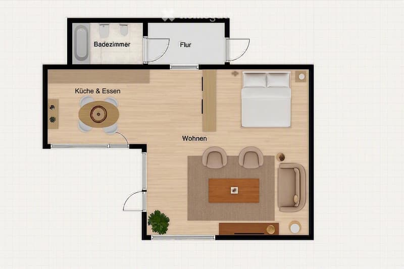 Layout includes a bedroom, living area, kitchen and dining area, bathroom, and hallway.