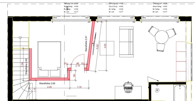 Floor plan showing multiple rooms including a kitchen, dining area, and living space with labeled dimensions and wall heights.