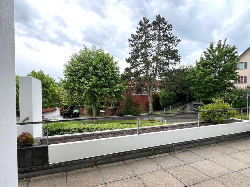 Balcony with tiled floor, metal railing, small garden bed with shrubs, and a view of a parking area with trees and a car.