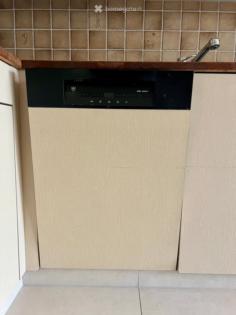 Modern kitchen with light wood cabinets, a built-in dishwasher, and a tiled backsplash featuring floral designs.