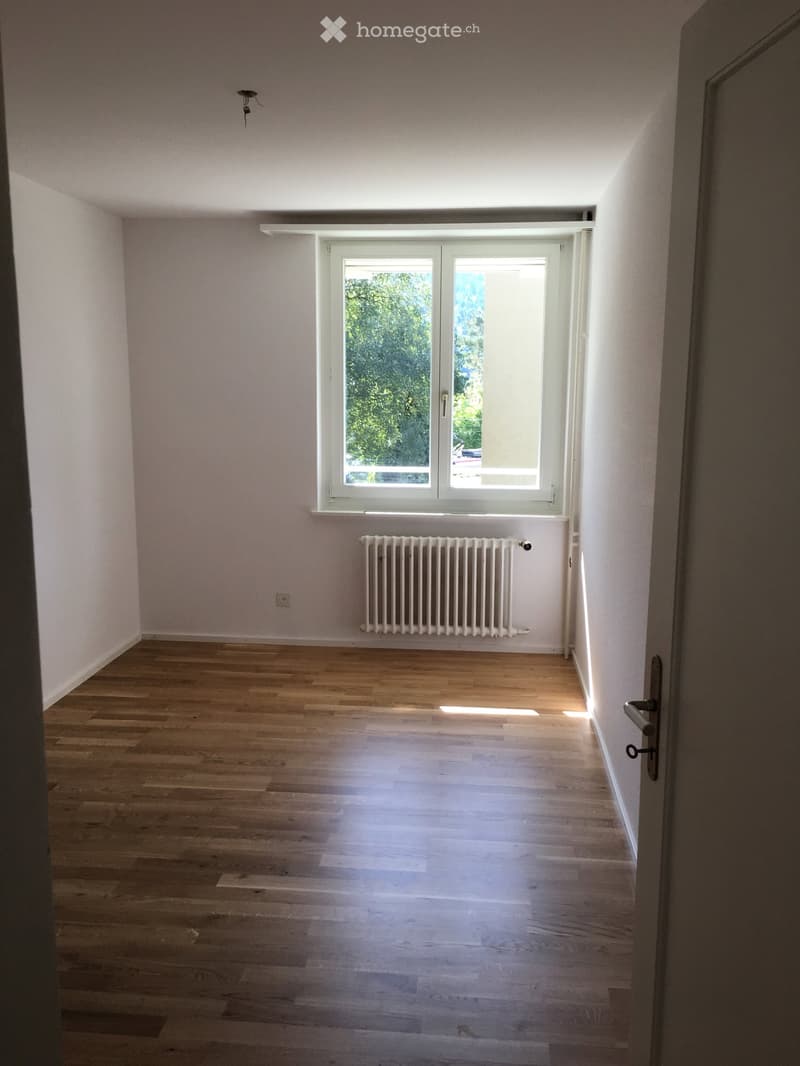 Empty room with light wooden flooring, white walls, a window with white frame, and a radiator below the window.