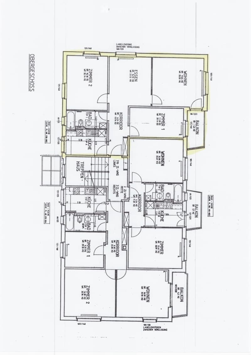 Floor plan of a multi-room apartment with two bedrooms, two bathrooms, two kitchens, living areas, and balconies.