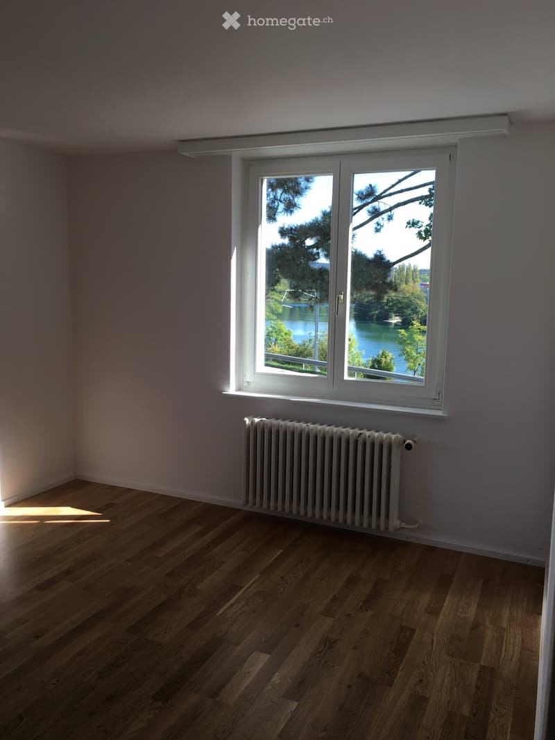 Empty room with wooden flooring, white walls, a radiator, and a large window offering a scenic view of a lake and trees.