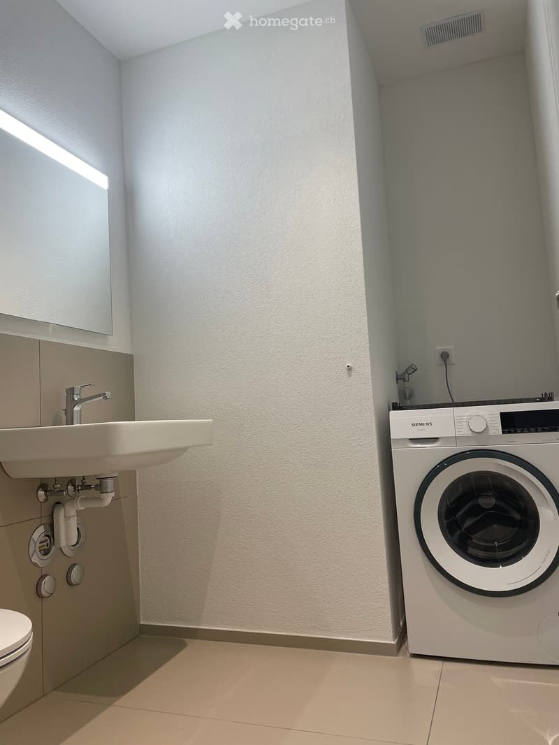 Modern bathroom with a white sink, chrome faucet, toilet, and a Siemens washing machine. Light-colored walls and tiled floor.