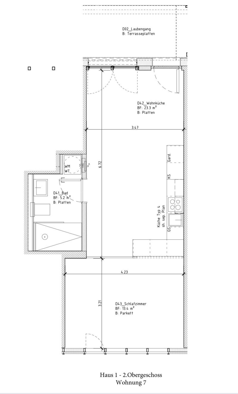 Floor plan of a second-floor apartment showing a hallway, living kitchen, bathroom, and bedroom.