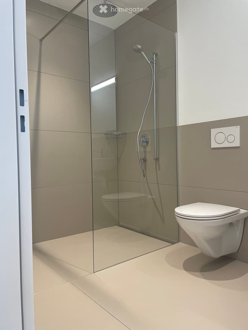 Modern bathroom with a glass-enclosed shower, a toilet, and a sleek showerhead. The walls and floor are tiled in a light beige color, and the shower enclosure has a built-in shelf.