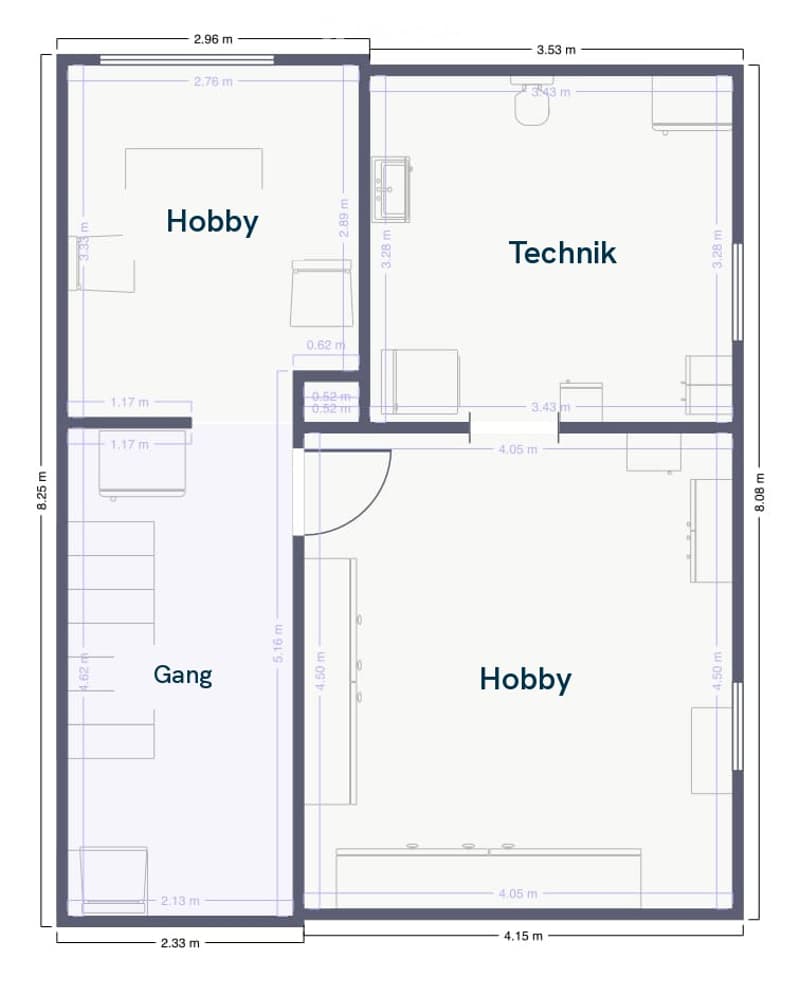 Floor plan showing three rooms: Hobby (two separate areas), Technik, and Gang, with dimensions labeled.