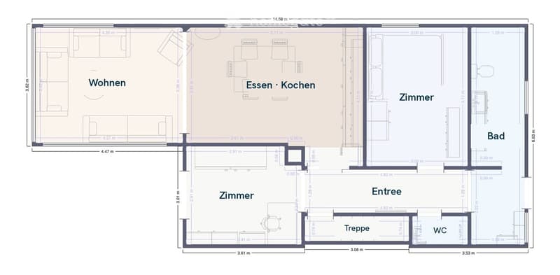 Floor plan showing a living area, dining/kitchen area, two bedrooms, a bathroom, an entrance, a staircase, and a WC.