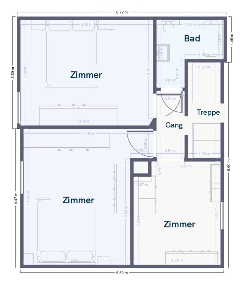Floor plan of a residential space featuring four rooms, a bathroom, and a hallway. Dimensions are labeled for each room and passageway.