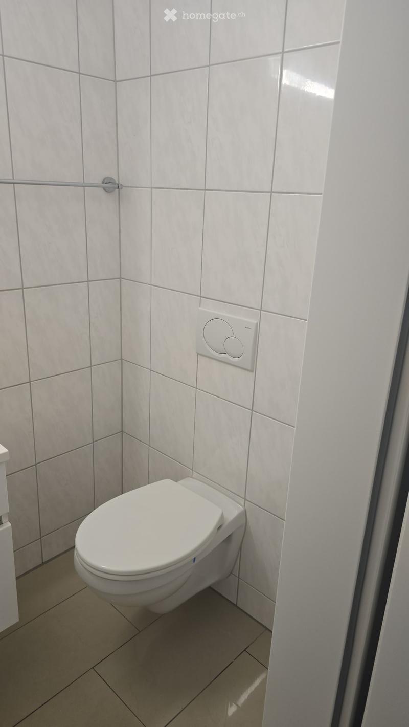 Modern bathroom with white tiled walls and floor, featuring a toilet with an electronic control panel and a grab bar for support.