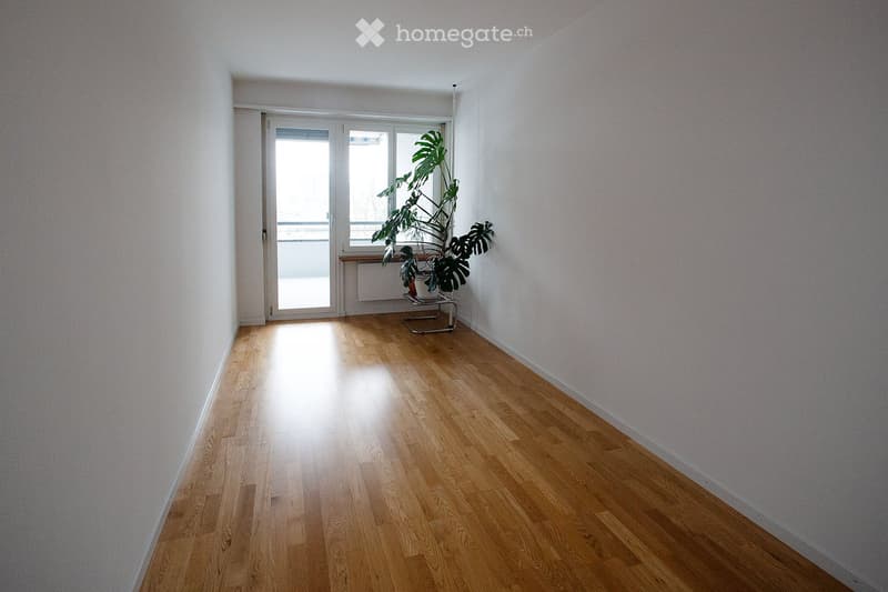 Empty room with light wooden flooring and white walls, featuring a sliding glass door leading to a balcony and a small potted plant near the window.