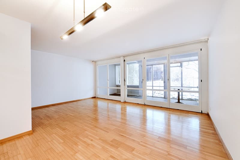 modern, minimalistic, wooden floors, white walls, large sliding glass doors, view to outdoors