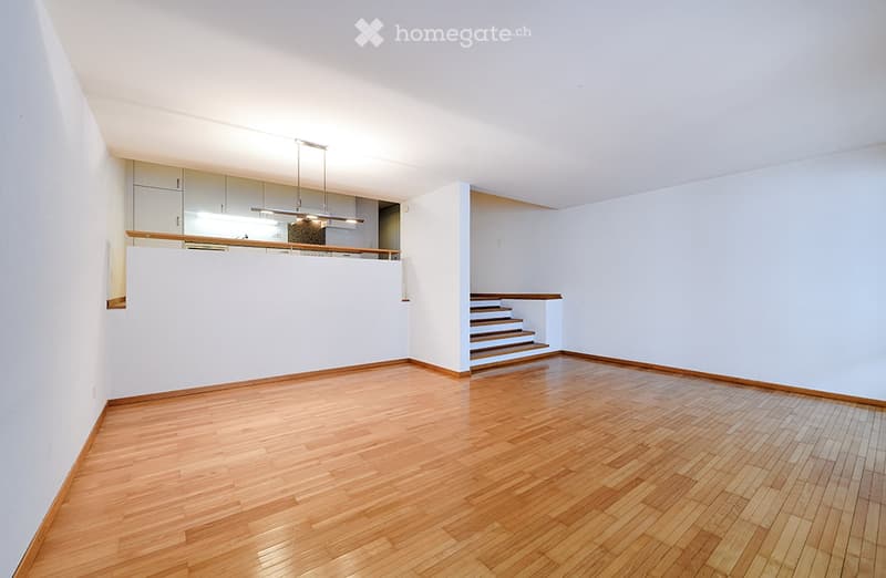 wooden floor, open kitchen, stairs