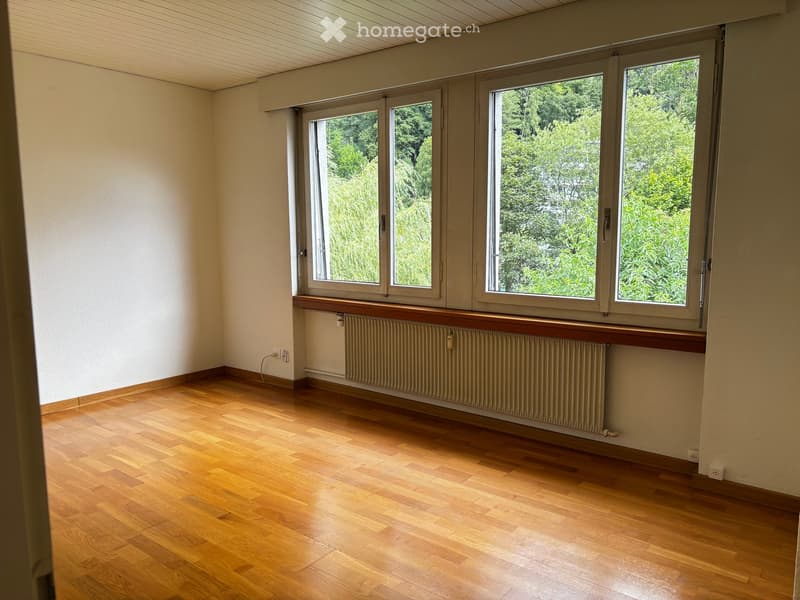 Empty room with wooden flooring, white walls, large windows with wooden sills, and a radiator below the windows.