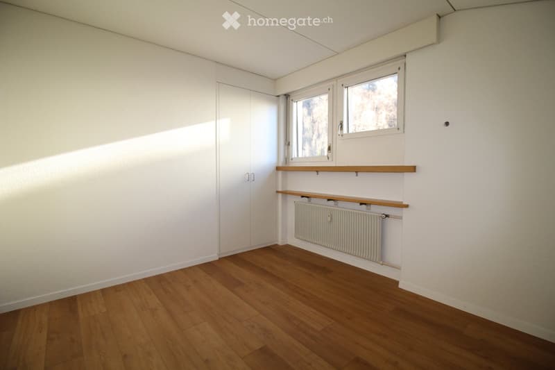 Empty room with wooden flooring, white walls, built-in closet, radiator, and two windows with wooden frames.