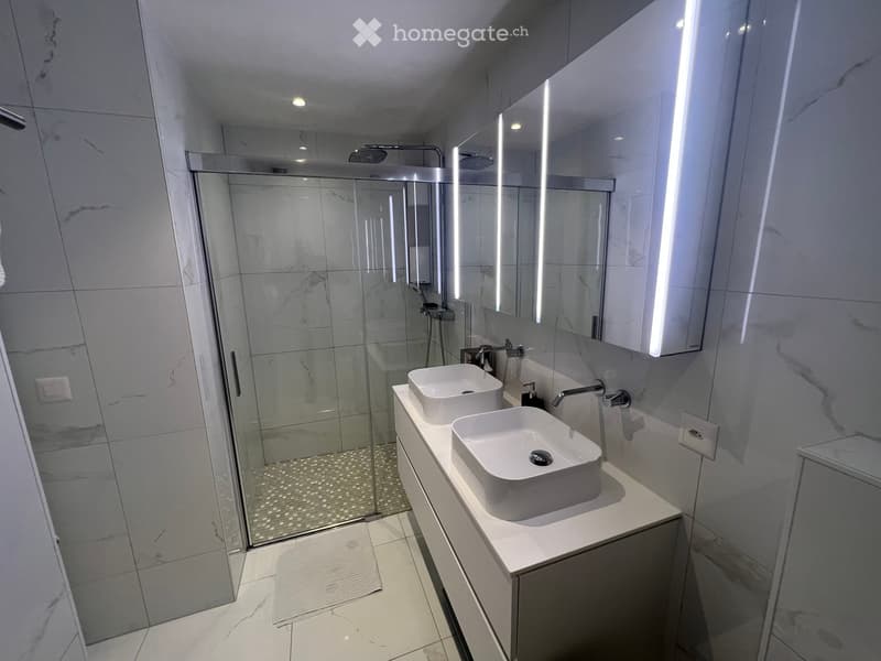 Modern bathroom with two white sinks, a large mirror with LED lighting, a glass-enclosed shower, and sleek fixtures.