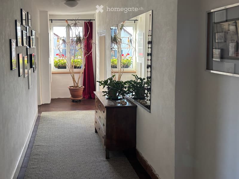 carpet, hallway leading to rooms, wooden dresser with potted plants, wall-mounted mirror, picture frames, ceiling light