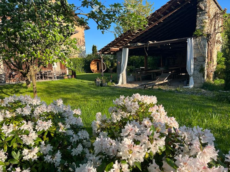 well-maintained green lawn, white flowers, wooden house in background, outdoor seating area