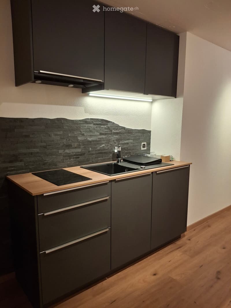 Modern kitchen with dark grey cabinets, wooden countertop, induction cooktop, sink, and built-in lighting.