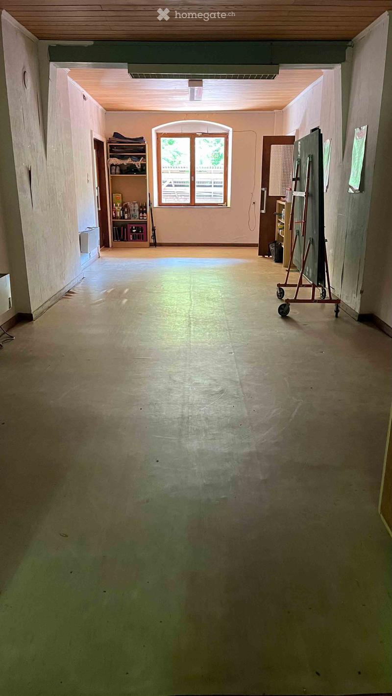 Empty hallway with wooden ceiling, concrete floor, and a window at the end. Shelves and a ladder are visible on the sides.